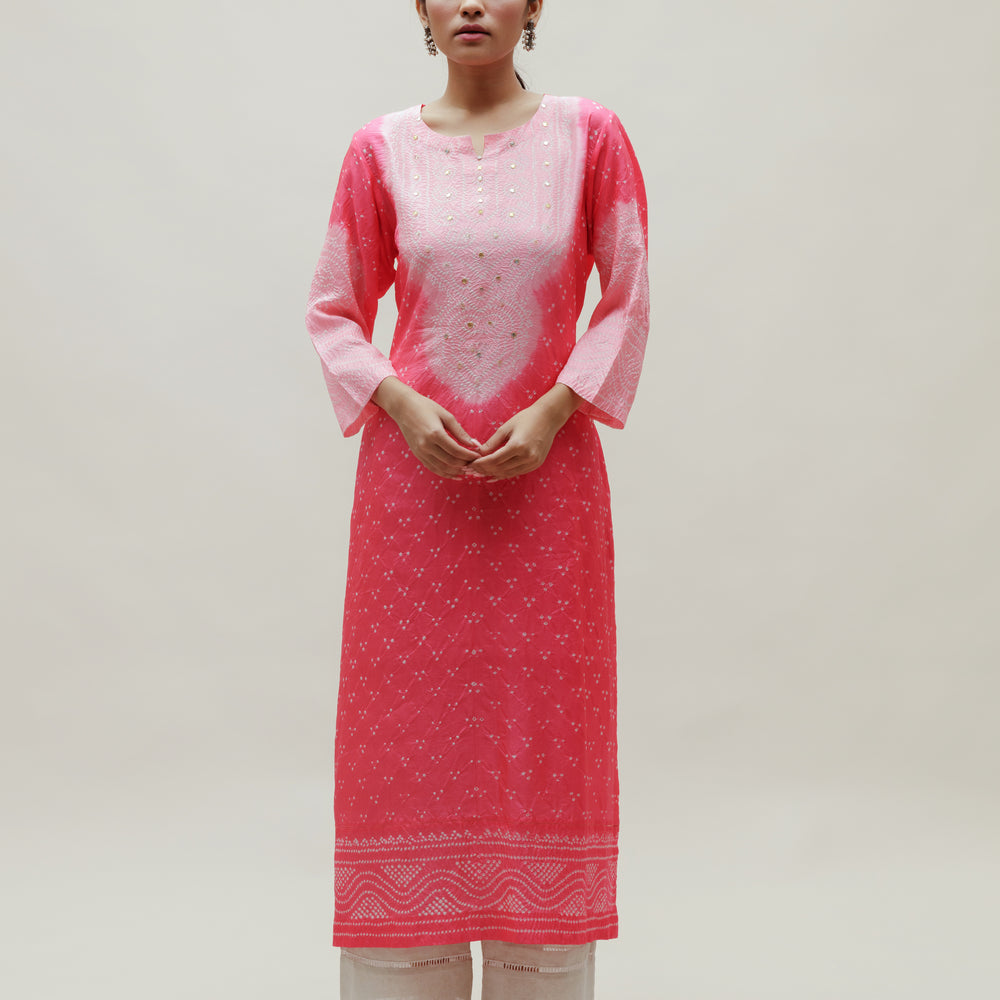 Bandhani Kurta on Pure Silk - Aba Yoke Peach Pink