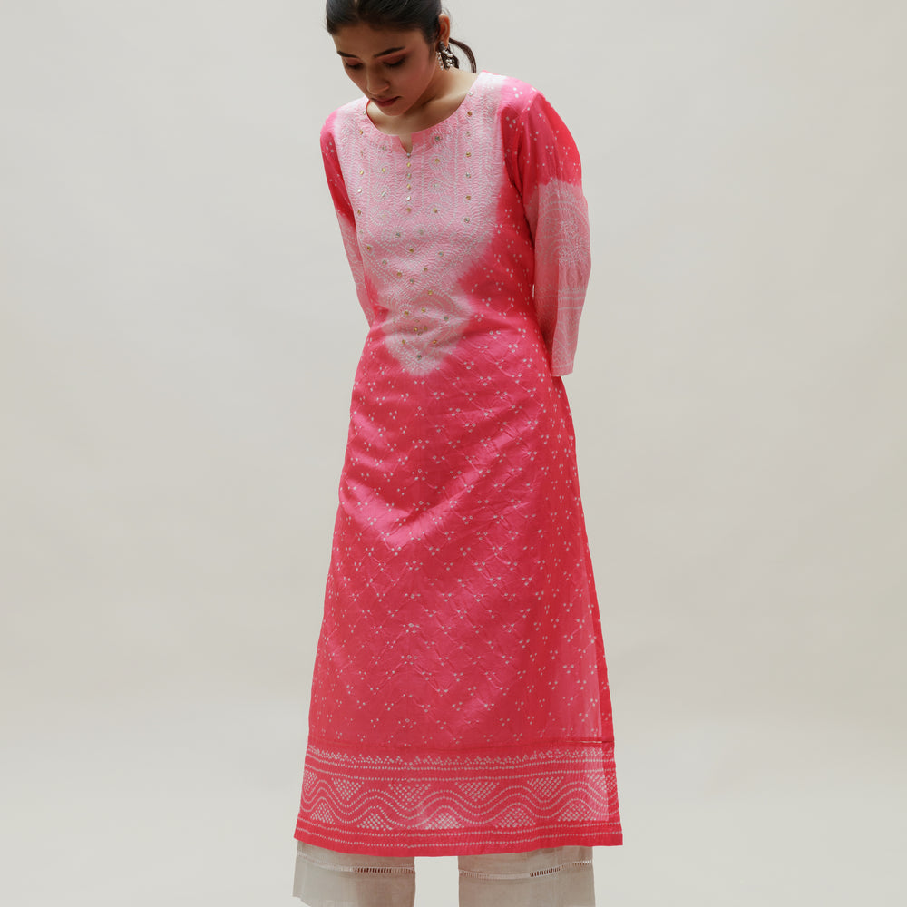 
                      
                        Bandhani Kurta on Pure Silk - Aba Yoke Peach Pink
                      
                    