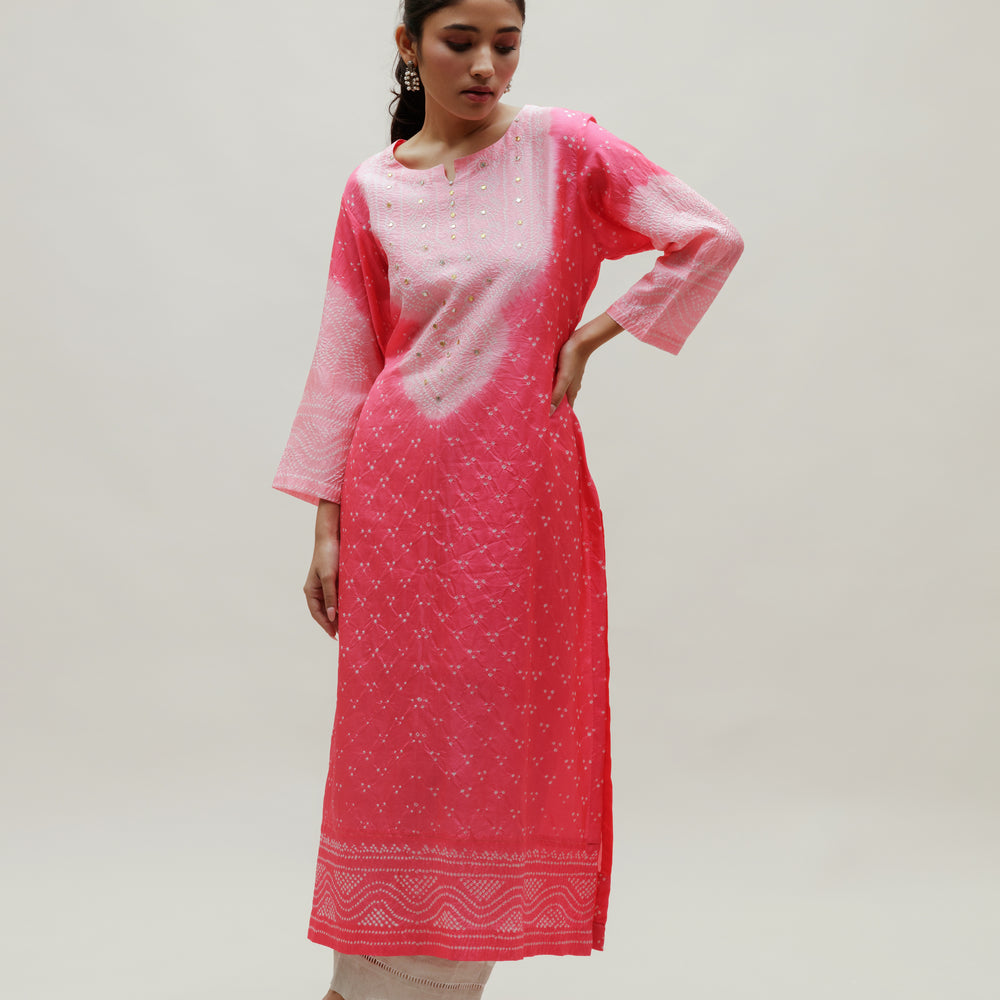 Bandhani Kurta on Pure Silk - Aba Yoke Peach Pink