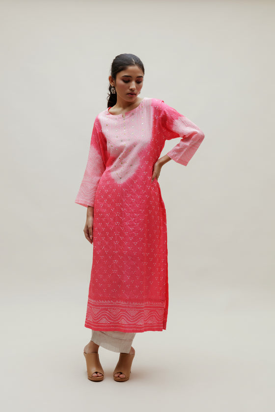 Bandhani Kurta on Pure Silk - Aba Yoke Peach Pink
