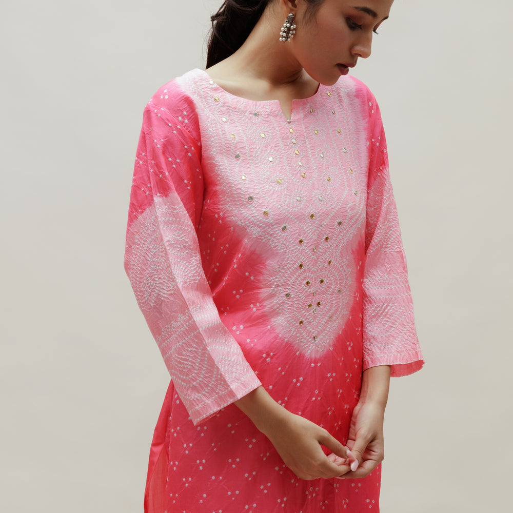 
                      
                        Bandhani Kurta on Pure Silk - Aba Yoke Peach Pink
                      
                    