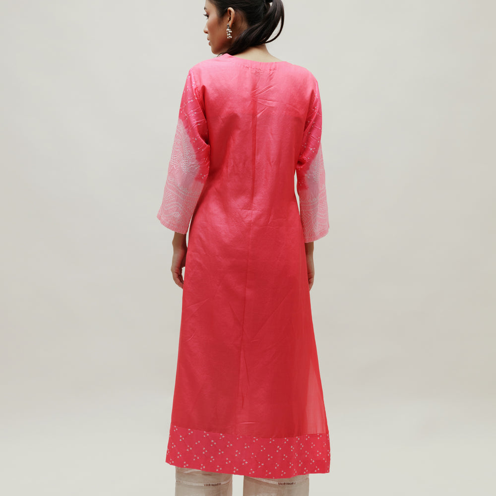 
                      
                        Bandhani Kurta on Pure Silk - Aba Yoke Peach Pink
                      
                    