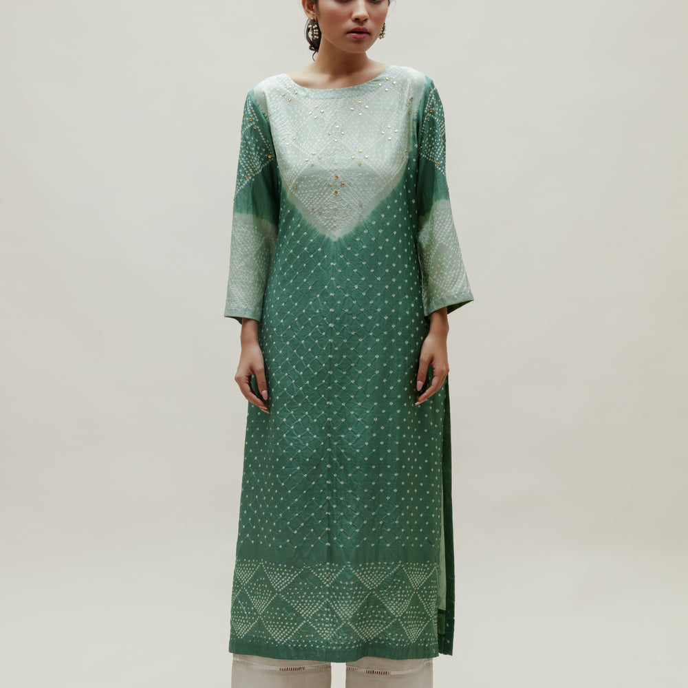 Bandhani Kurta on Pure Silk - Green Shaded