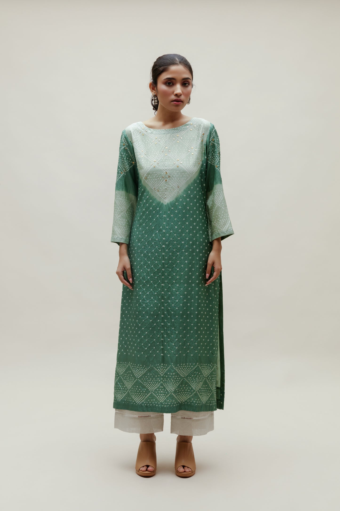 Bandhani Kurta on Pure Silk - Green Shaded