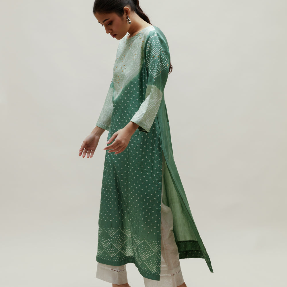 Bandhani Kurta on Pure Silk - Green Shaded