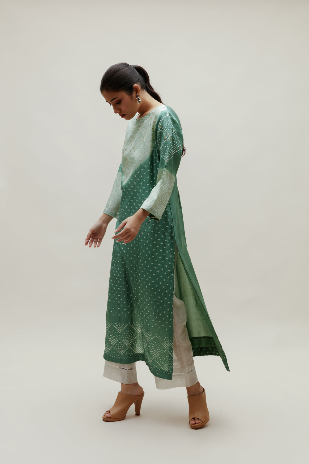 Bandhani Kurta on Pure Silk - Green Shaded