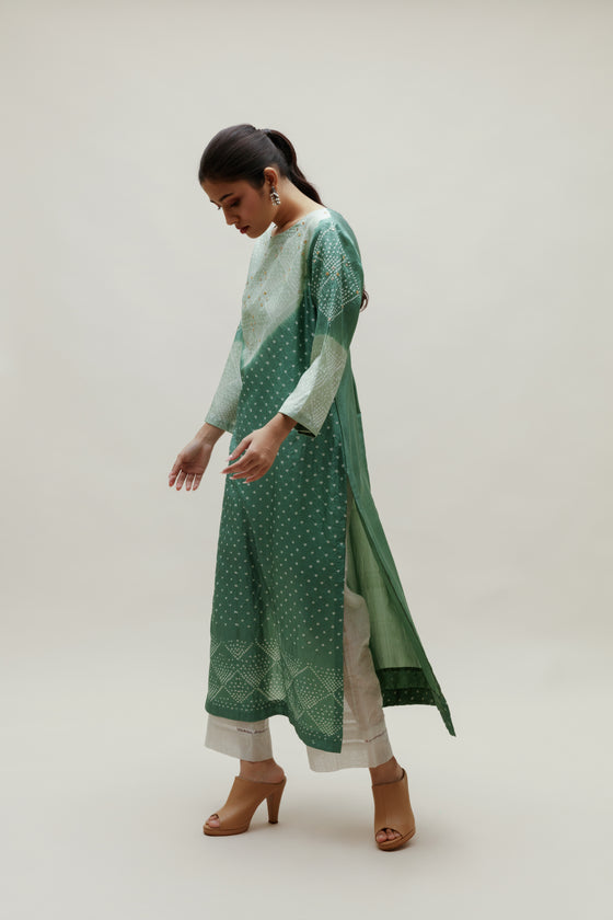 Bandhani Kurta on Pure Silk - Green Shaded