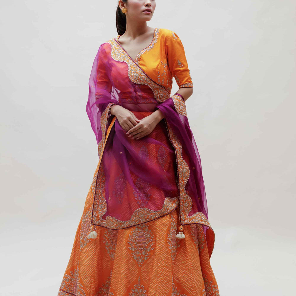 Sutra Lehenga - Mango Yellow Purple