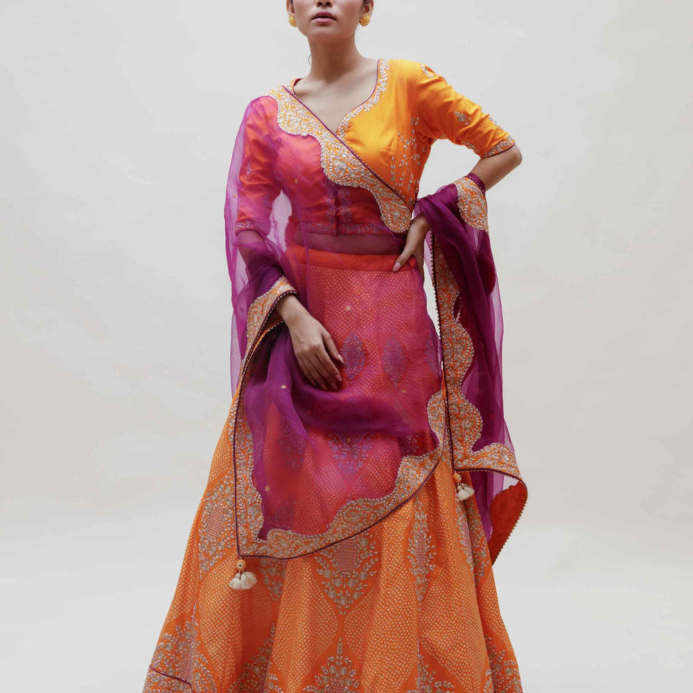 Sutra Lehenga - Mango Yellow Purple