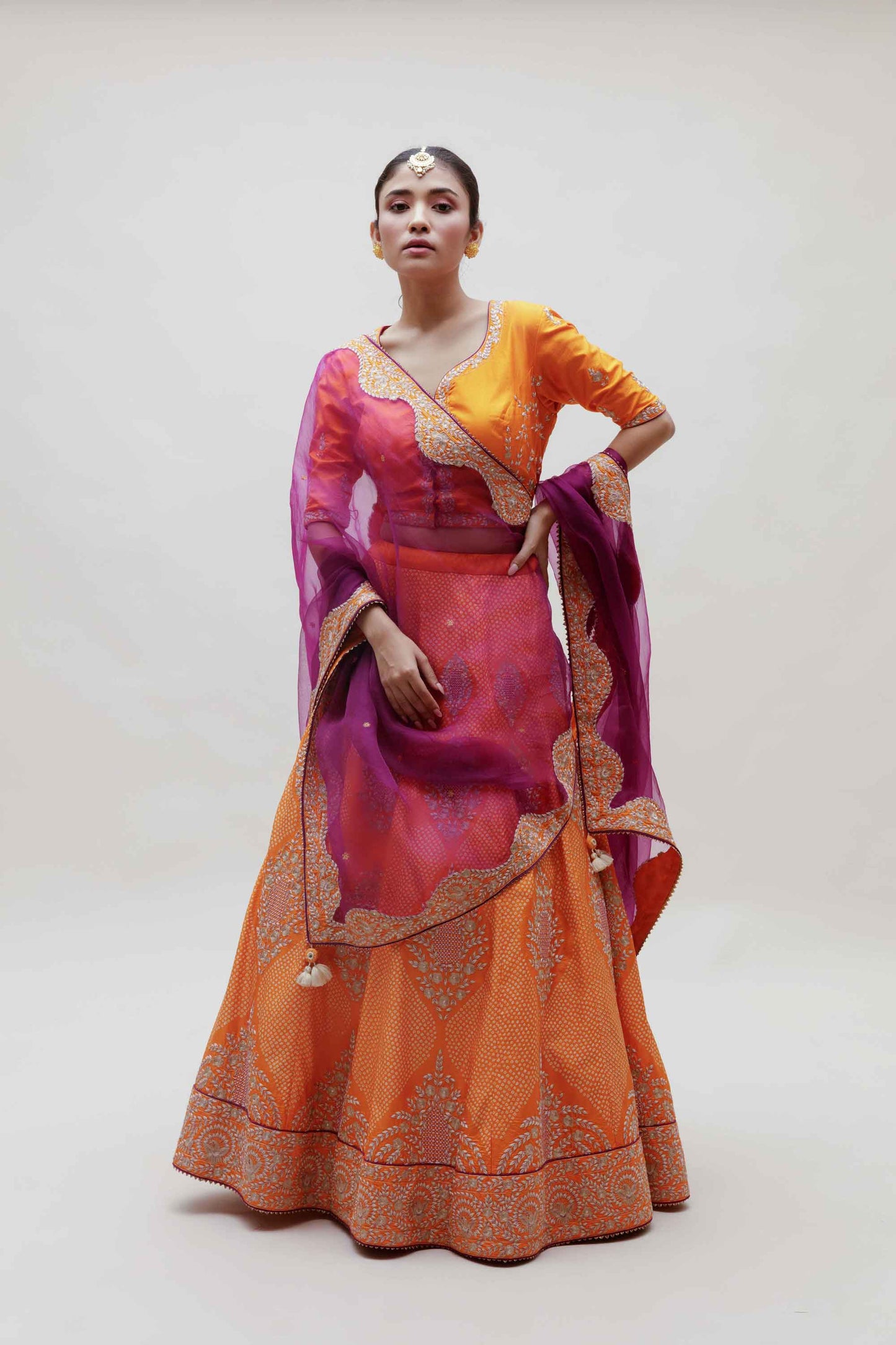 Sutra Lehenga - Mango Yellow Purple