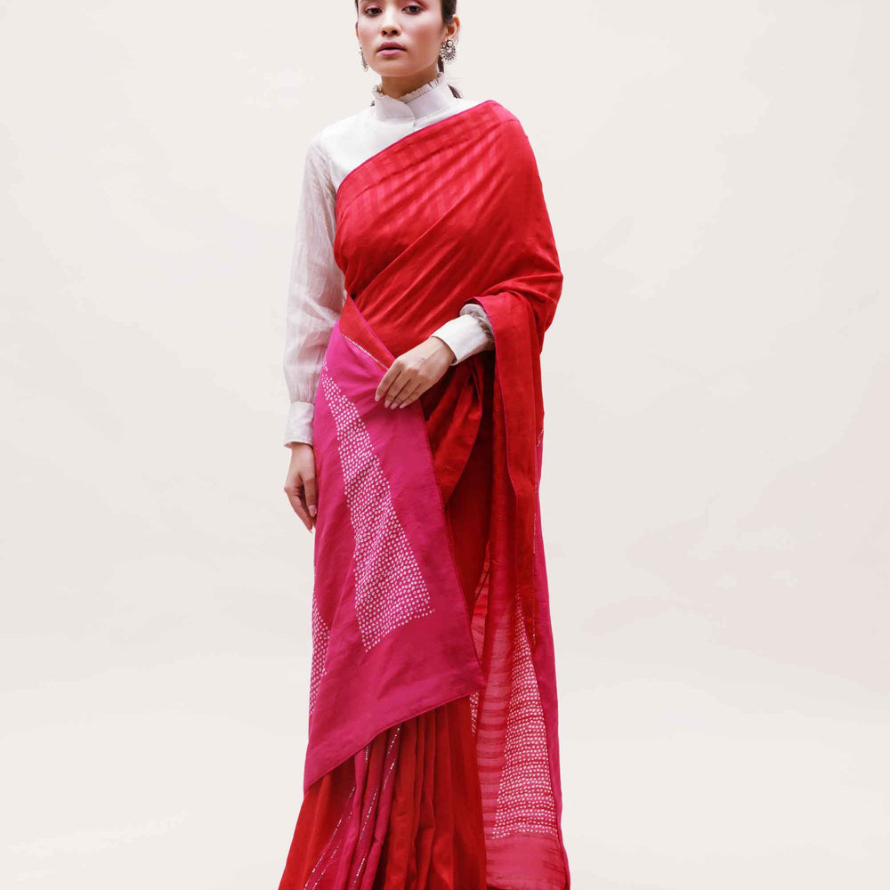 Red Rani Hand Dyed Bandhani Silk Saree with Mirror Work