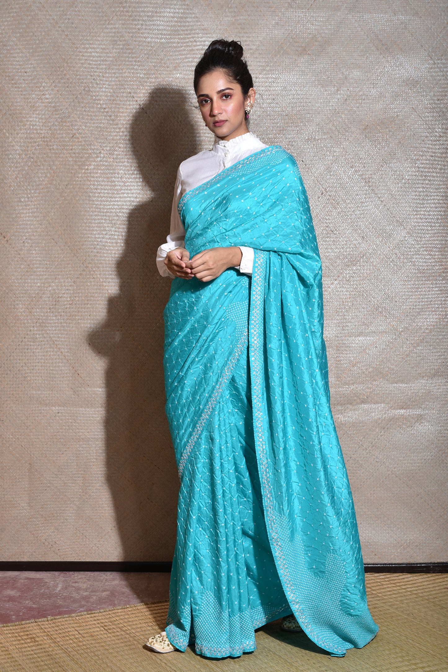 Abstract Bandhani Silk Saree in Sea Green