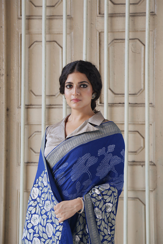 
                      
                        Abstract Bandhani Banarasi Saree with Rose + Floral Motif
                      
                    