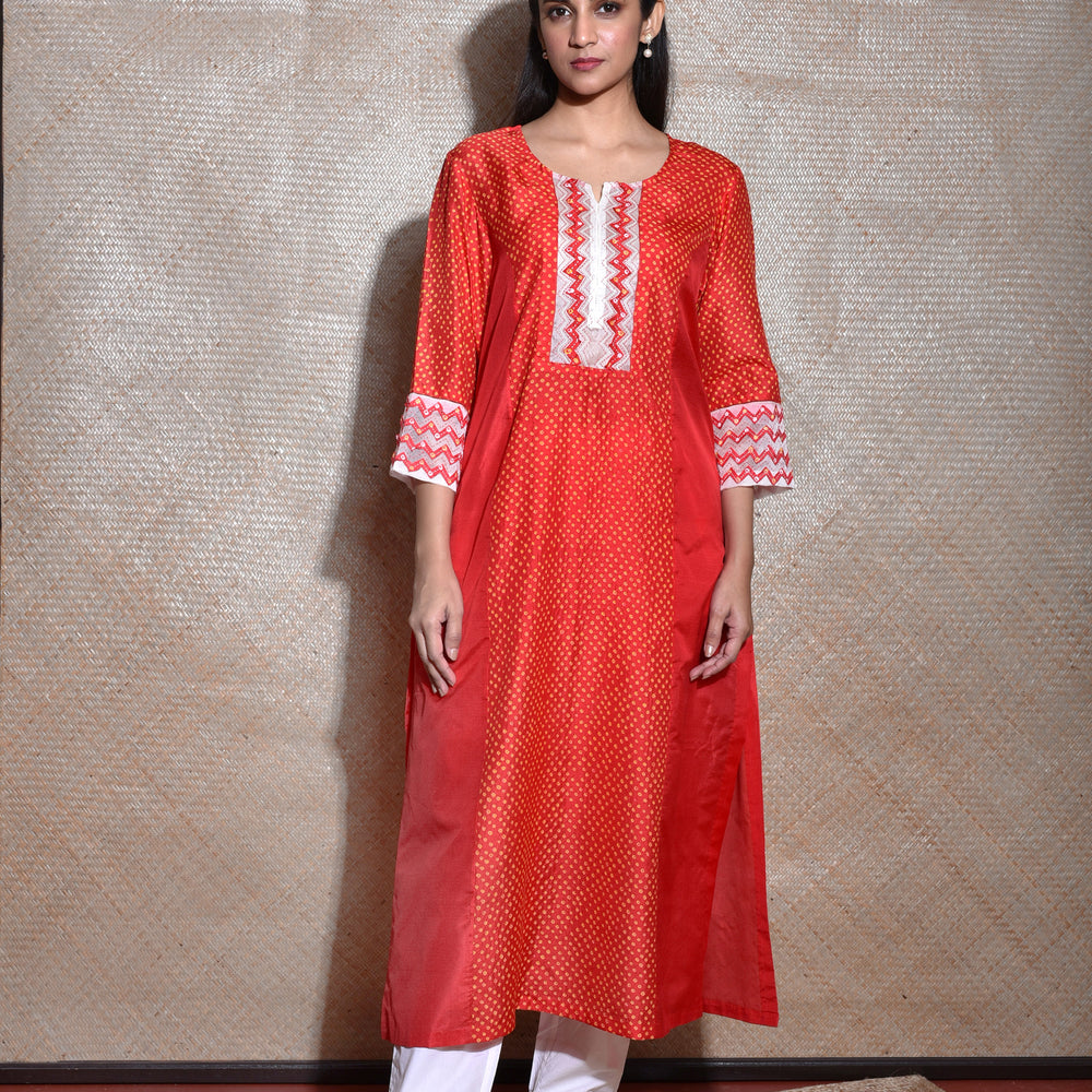 Applique Bandhani on Silk Kurta - Red