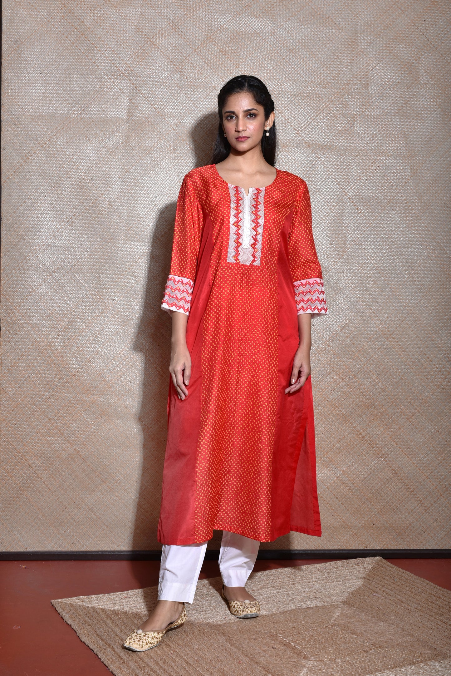 Applique Bandhani on Silk Kurta - Red