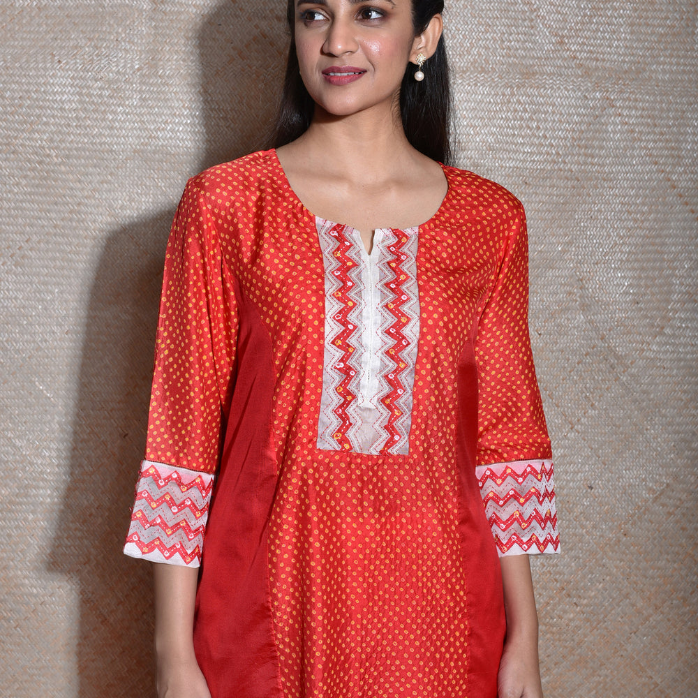 Applique Bandhani on Silk Kurta - Red