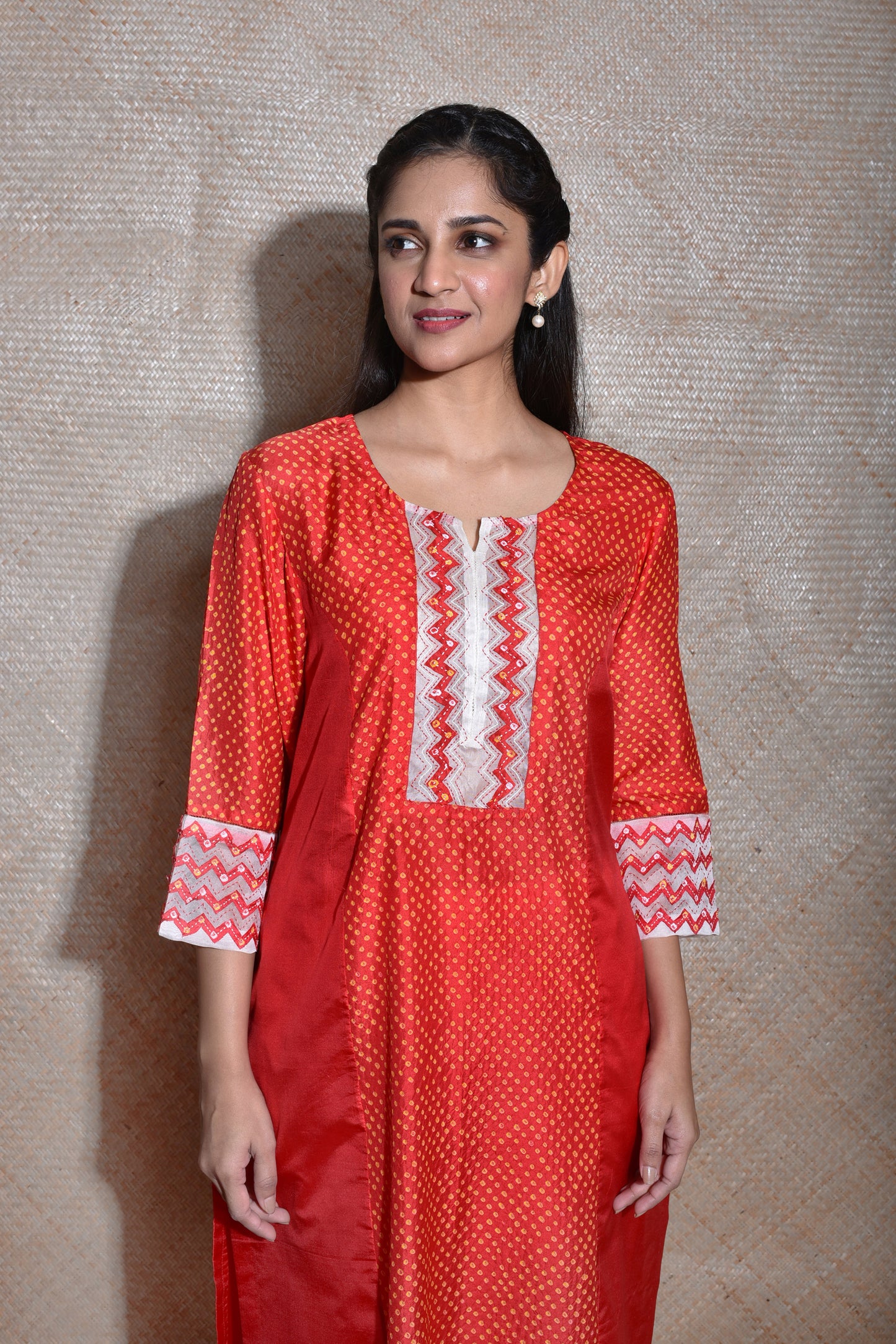 Applique Bandhani on Silk Kurta - Red