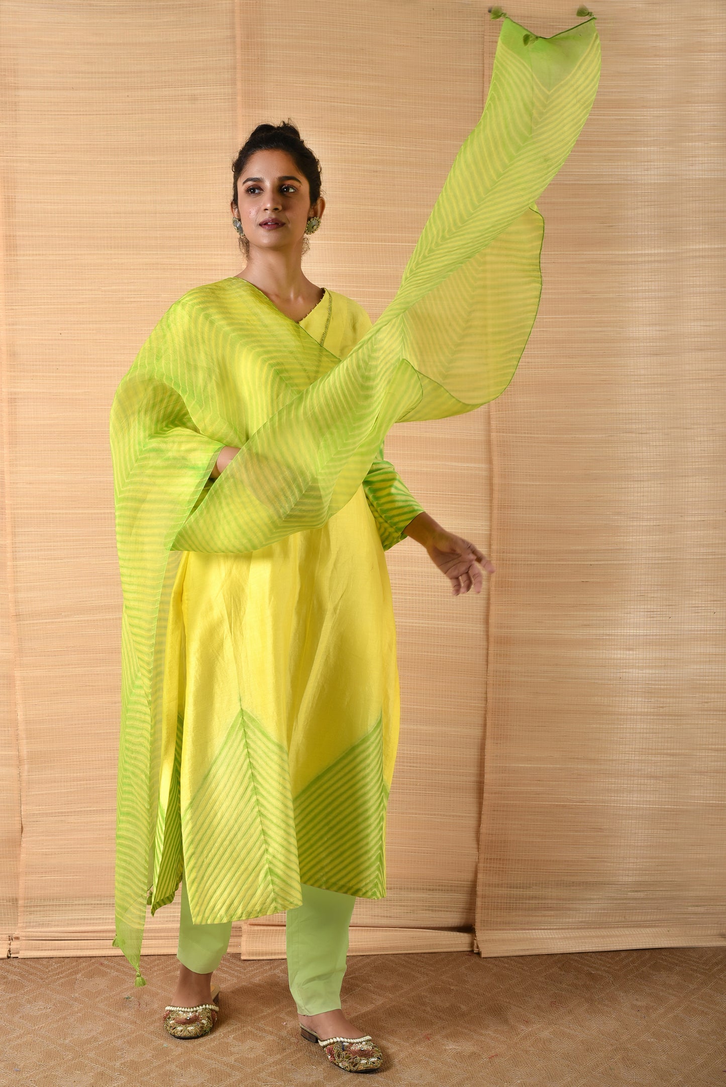 Arashi on Chanderi Suit Set - Lemon Yellow And Green