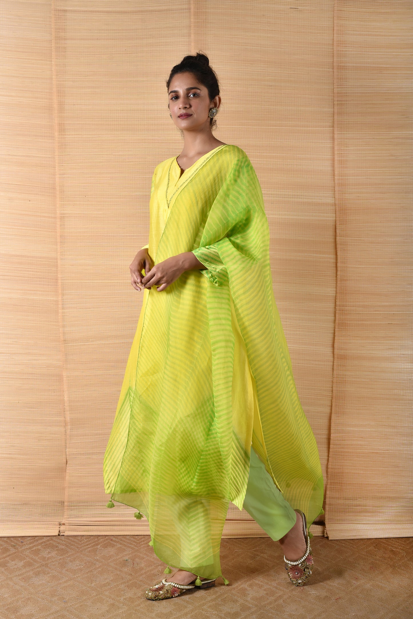 Arashi on Chanderi Suit Set - Lemon Yellow And Green