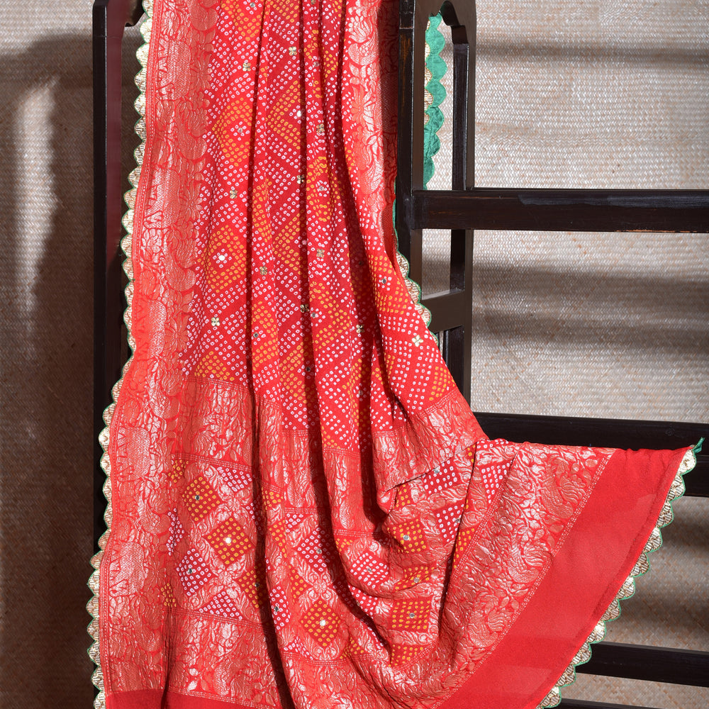 Banarasi Bandhani Chunari with Gota Patti - Red