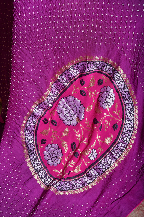 Banarasi Bandhani Moonga Silk Saree-Magenta
