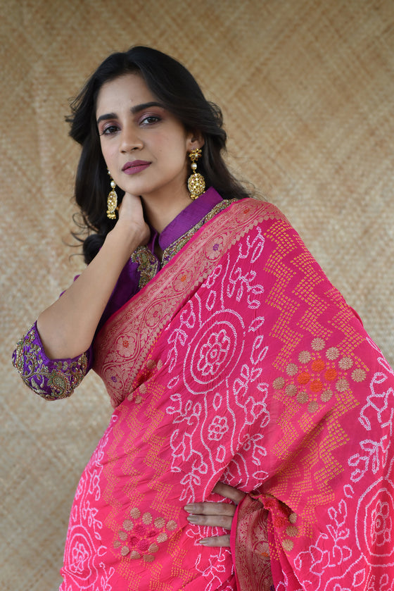Banarasi Bandhani Saree in Shaded pink With Light Meenakari Buti 