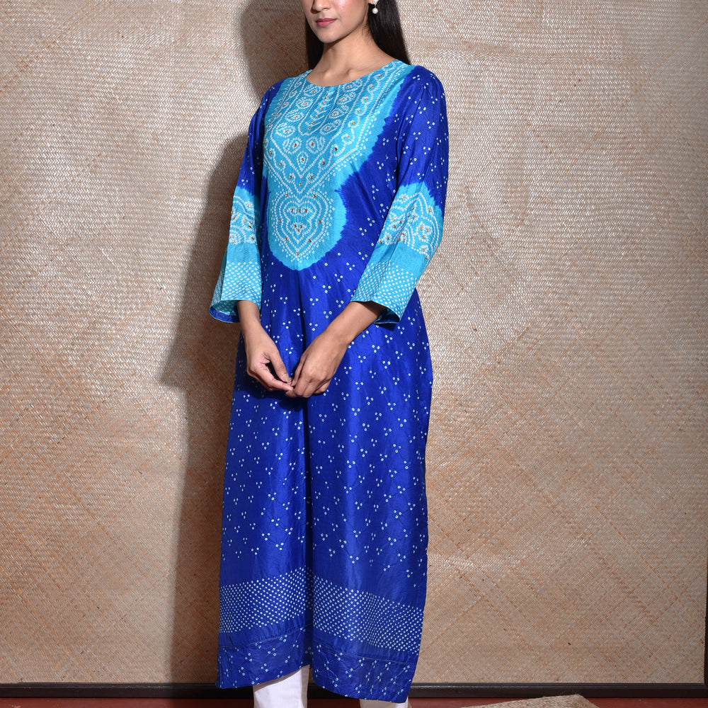 Bandhani Kurta On Pure Silk In Shades Of Blue