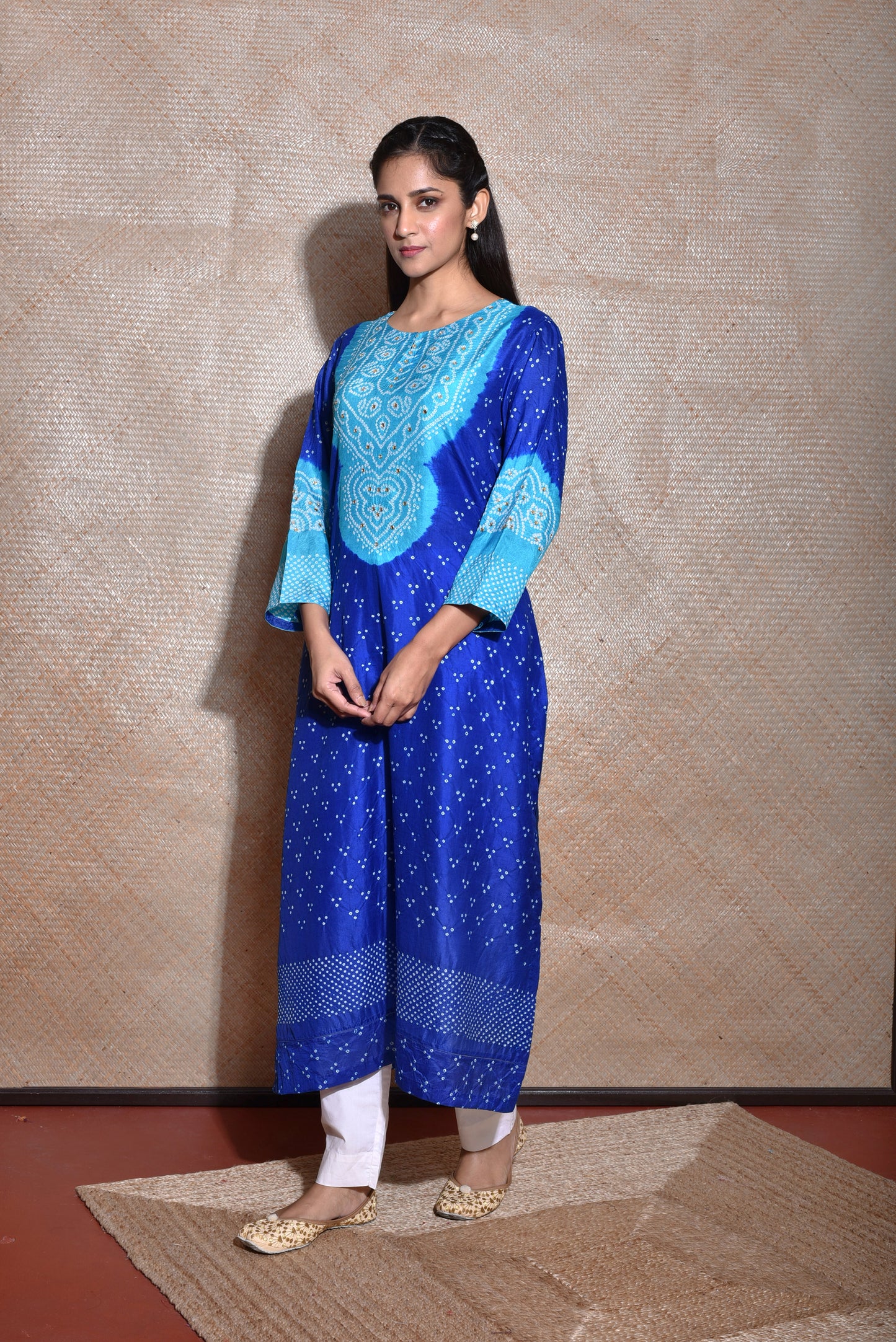 Bandhani Kurta On Pure Silk In Shades Of Blue