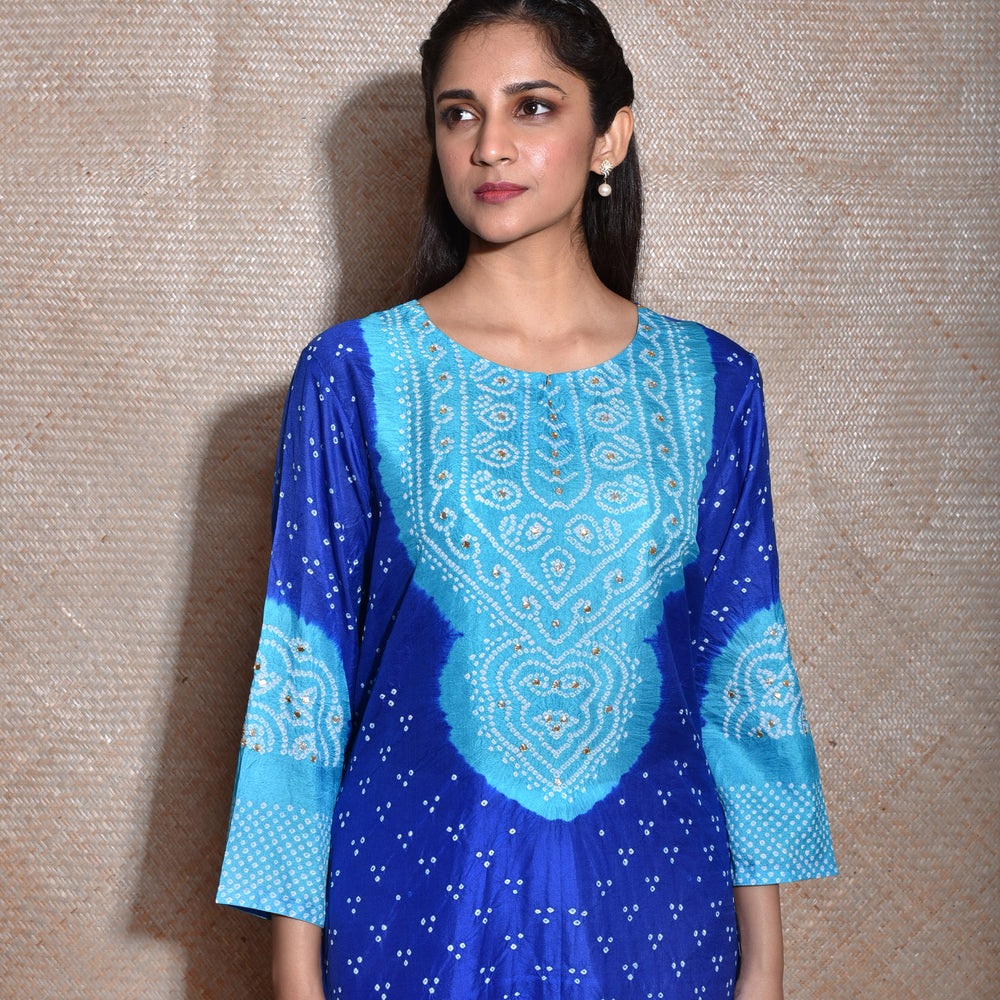 Bandhani Kurta On Pure Silk In Shades Of Blue