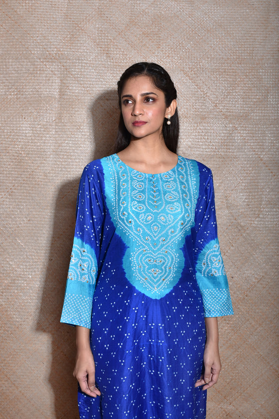 Bandhani Deep Neck Frill Blouse - Blue – Naina Jain