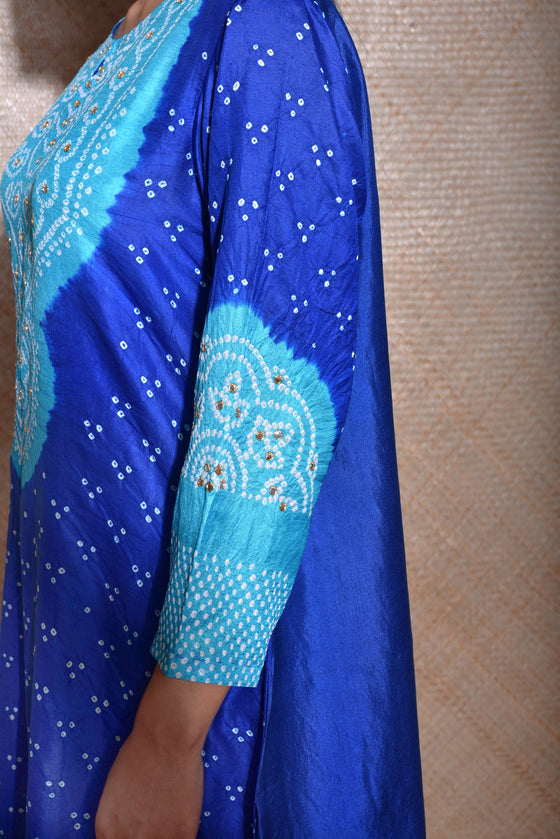 Bandhani Kurta On Pure Silk In Shades Of Blue