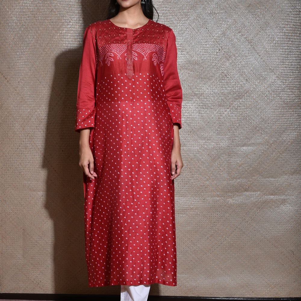 Bandhani on Chanderi Kurta in Red.