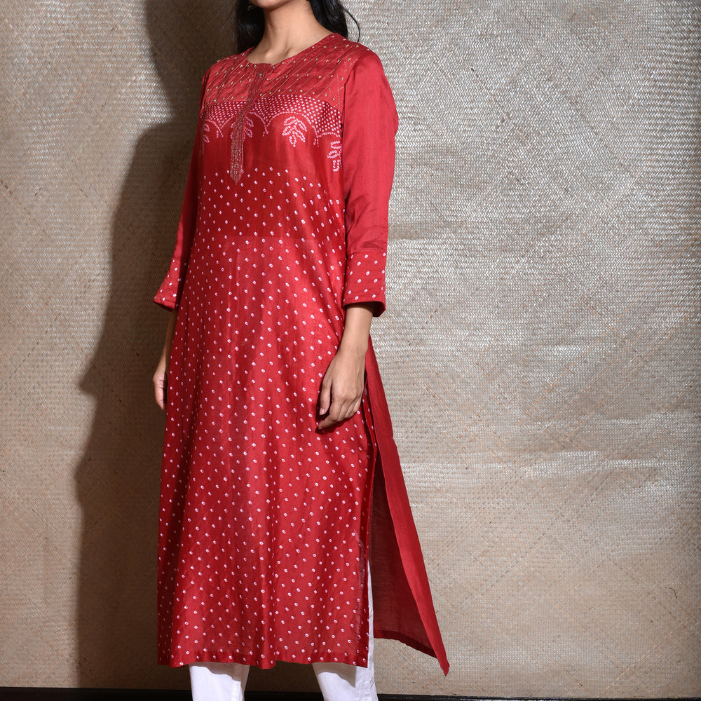 Bandhani on Chanderi Kurta in Red.