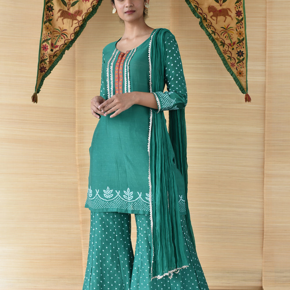 Bandhani on Chanderi Palazzo Suit Set - Green