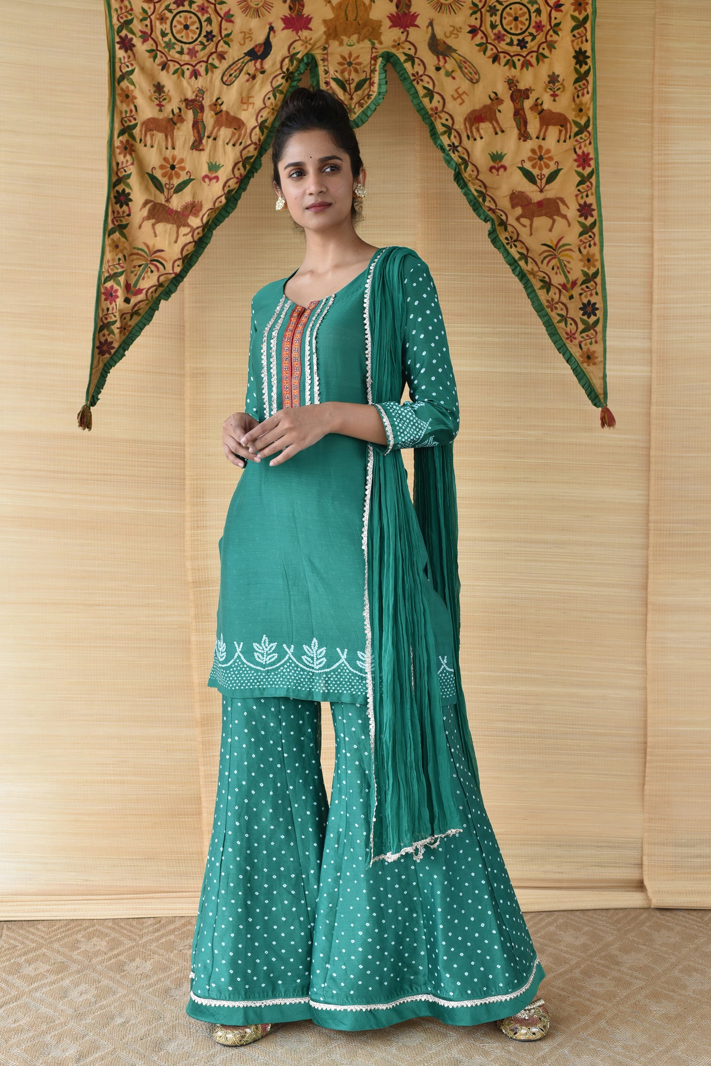 Bandhani on Chanderi Palazzo Suit Set - Green