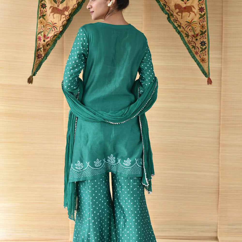 
                      
                        Bandhani on Chanderi Palazzo Suit Set - Green
                      
                    