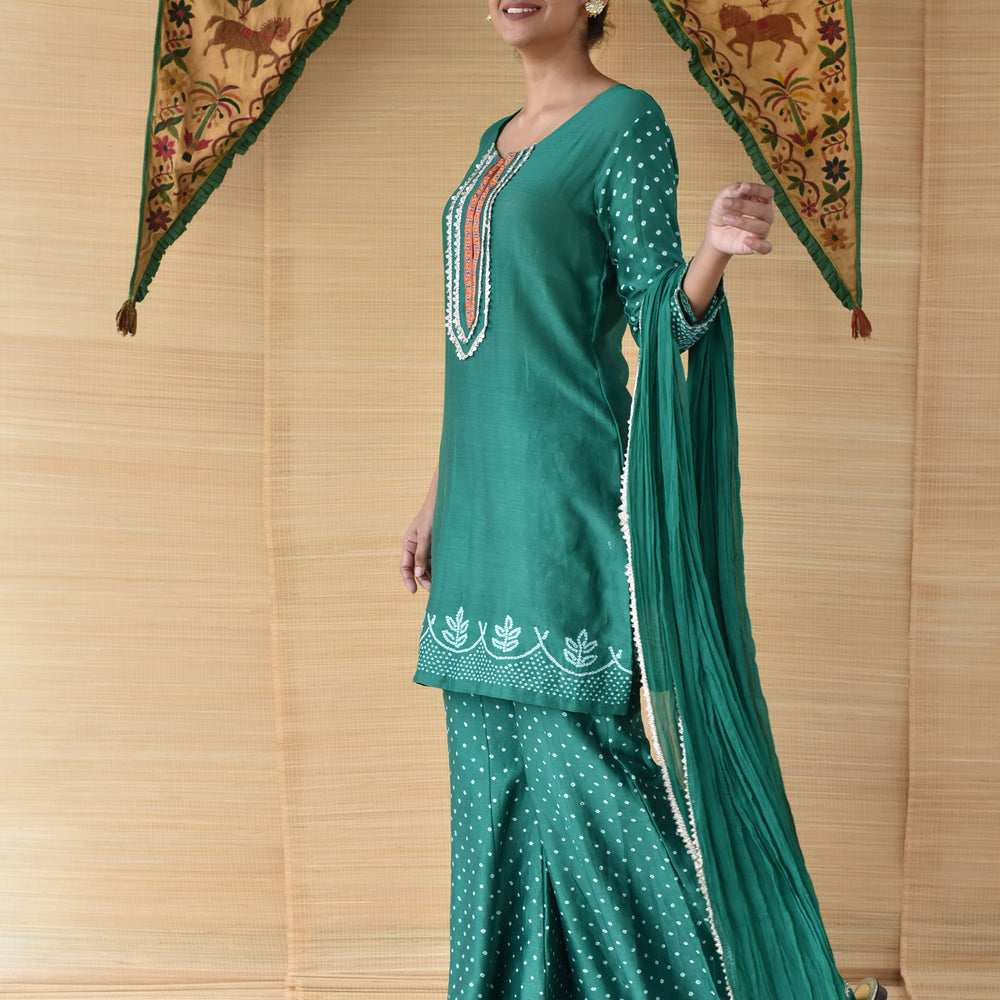 
                      
                        Bandhani on Chanderi Palazzo Suit Set - Green
                      
                    