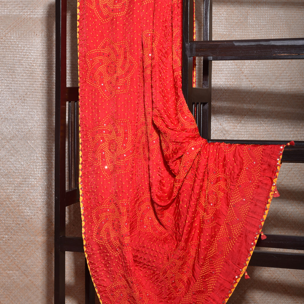 Bandhani on Gaji Silk Dupatta -Red