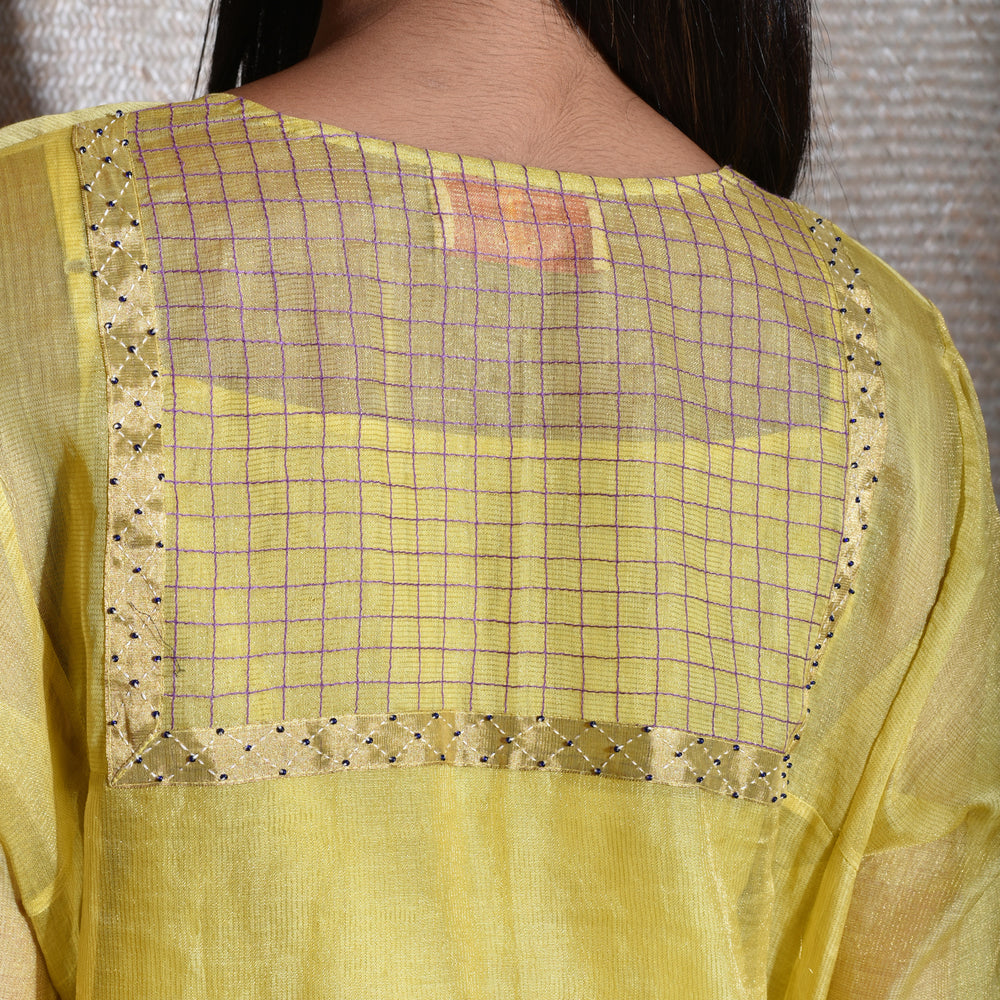 
                      
                        Tissue Chanderi Kurta Set With Bandhani on Organza Dupatta-Lemon Yellow And Purple.
                      
                    