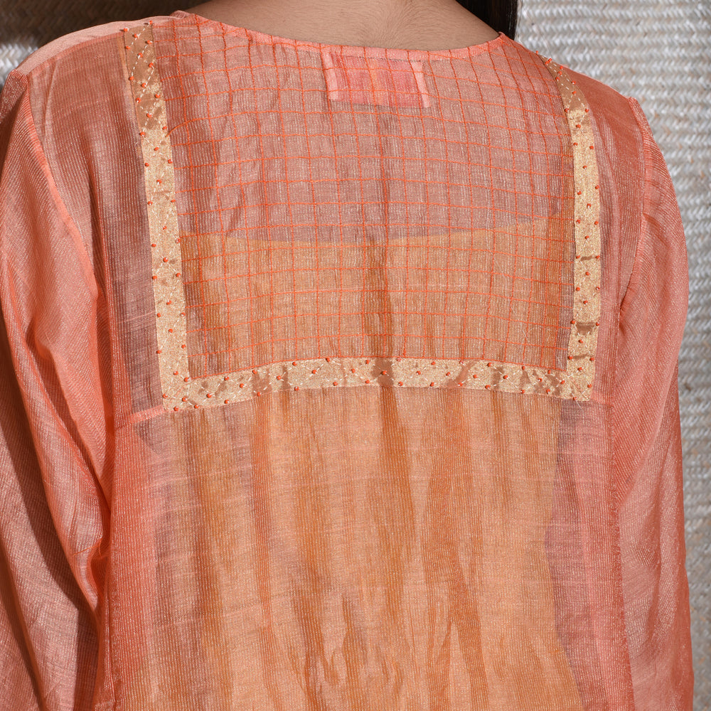 
                      
                        Tissue Chanderi Kurta Set With Bandhani on Organza Dupatta -Orange.
                      
                    