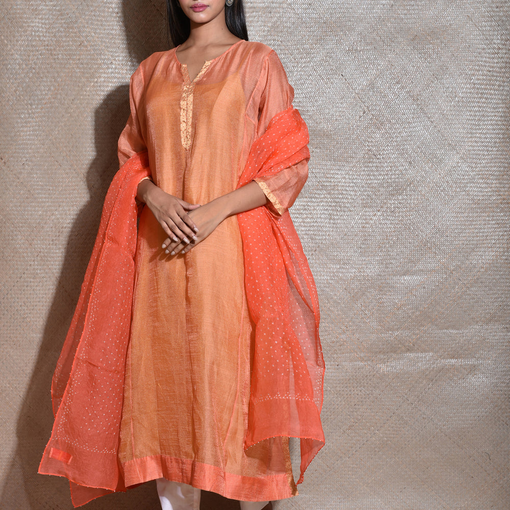 Tissue Chanderi Kurta Set With Bandhani on Organza Dupatta -Orange.