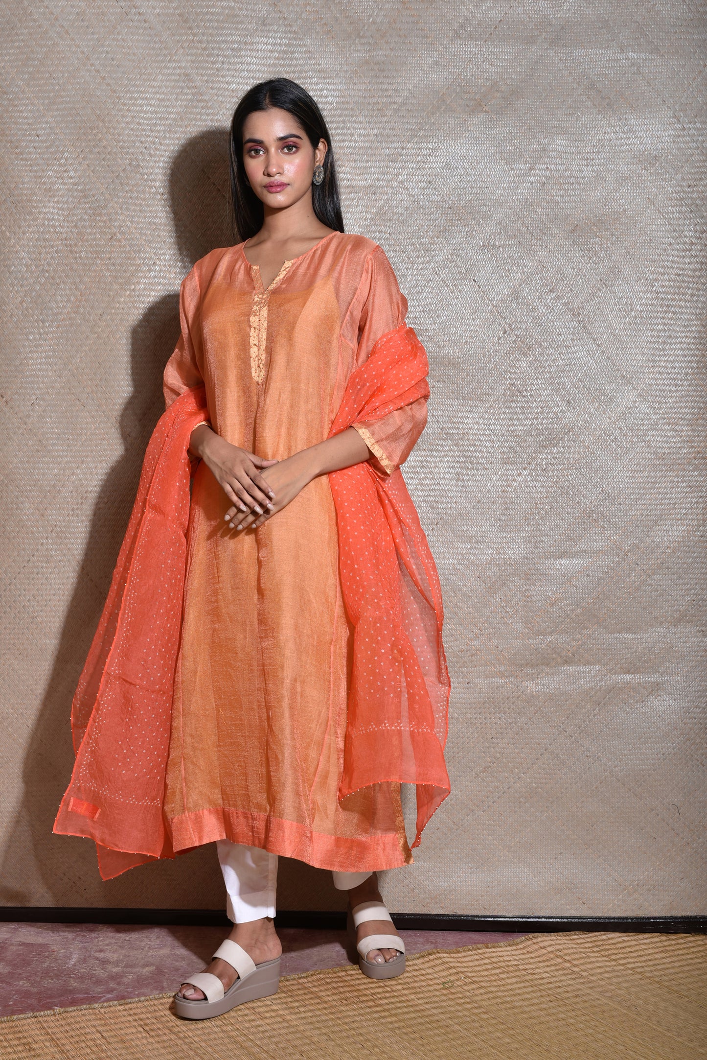 Tissue Chanderi Kurta Set With Bandhani on Organza Dupatta -Orange.