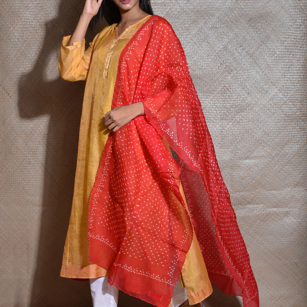 
                      
                        Tissue Chanderi Kurta Set With Bandhani on Organza Dupatta -Yellow And Red.
                      
                    