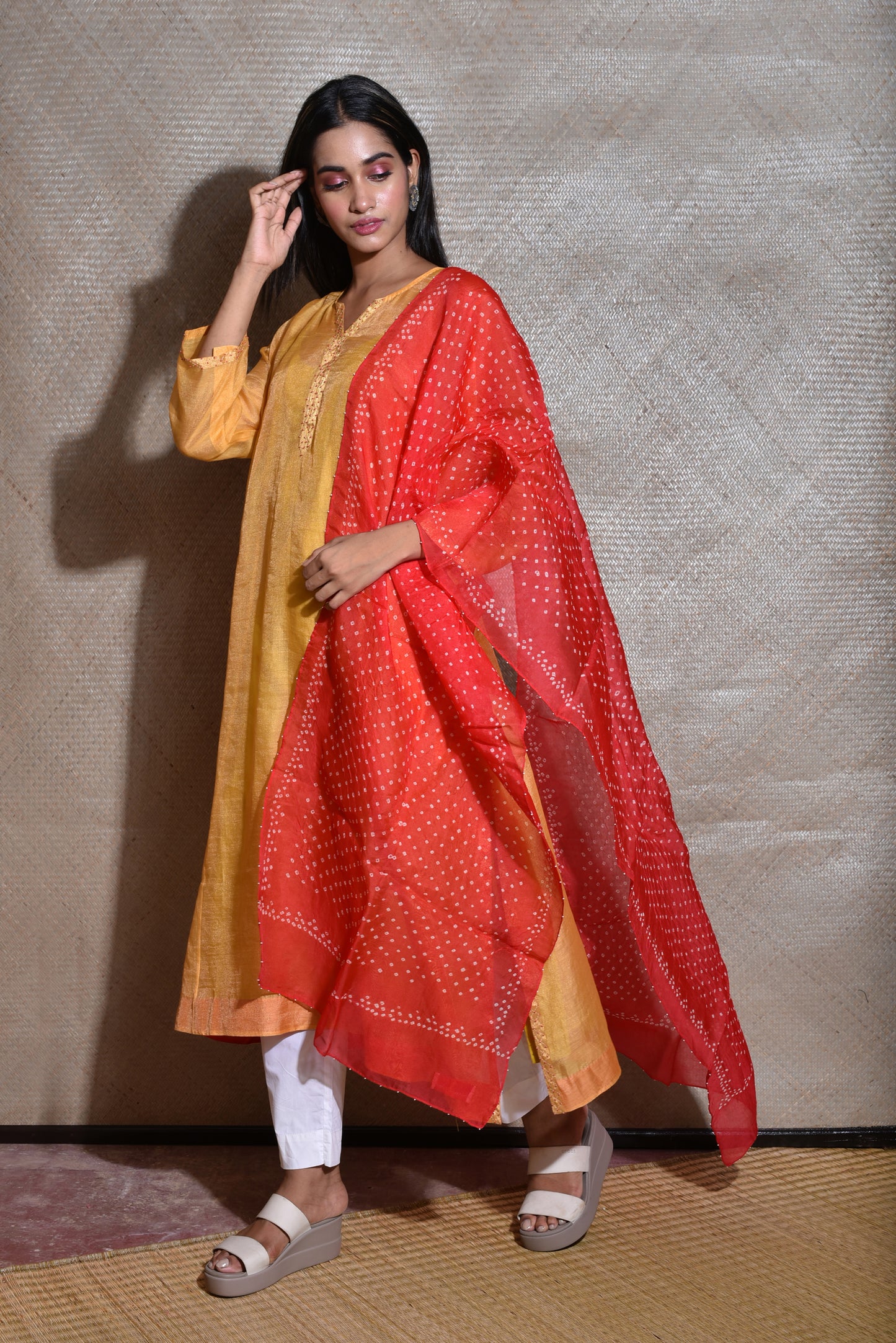 Tissue Chanderi Kurta Set With Bandhani on Organza Dupatta -Yellow And Red.