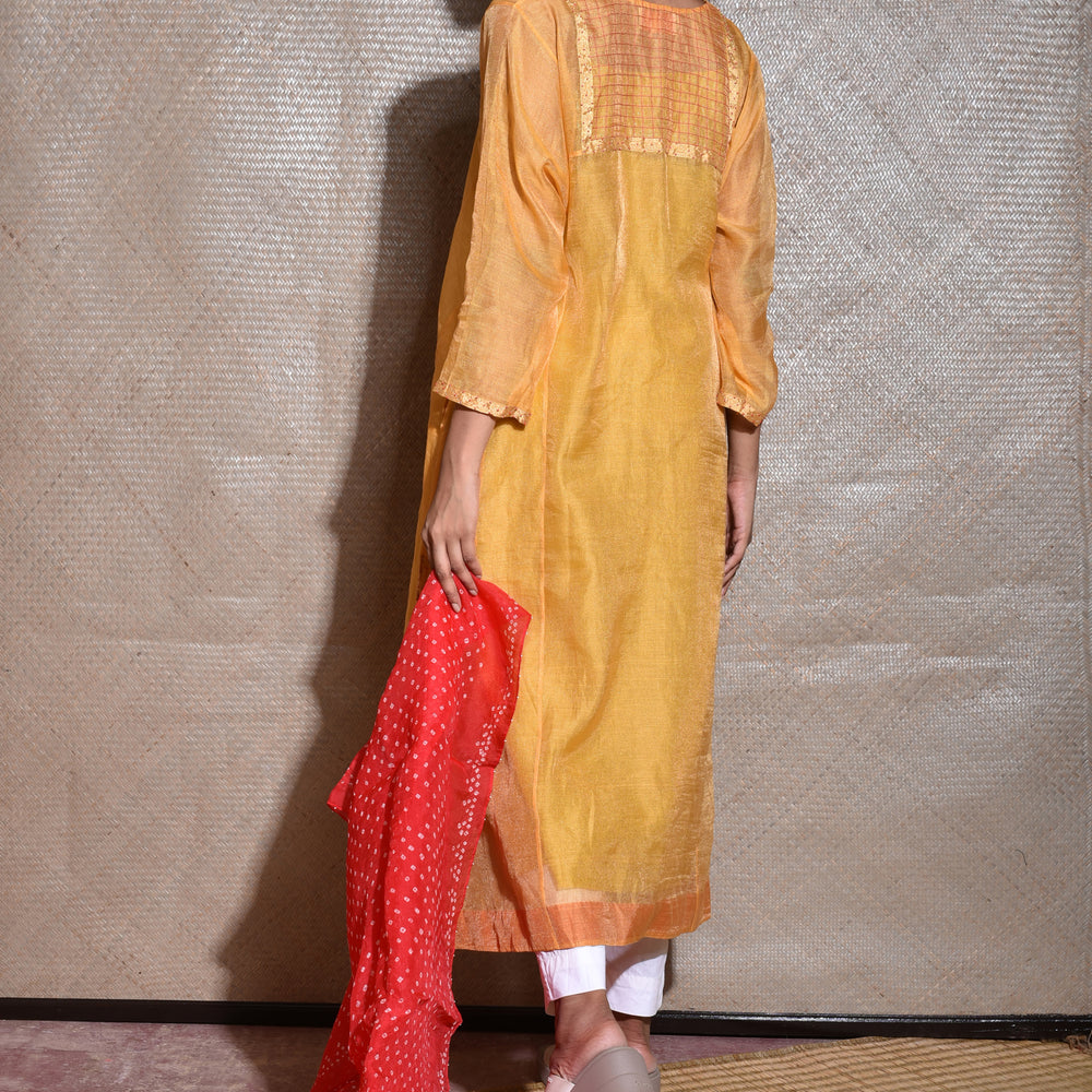 
                      
                        Tissue Chanderi Kurta Set With Bandhani on Organza Dupatta -Yellow And Red.
                      
                    