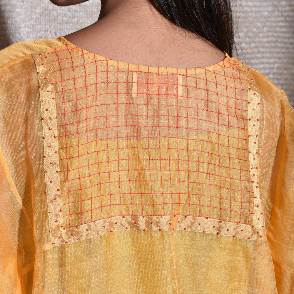 
                      
                        Tissue Chanderi Kurta Set With Bandhani on Organza Dupatta -Yellow And Red.
                      
                    