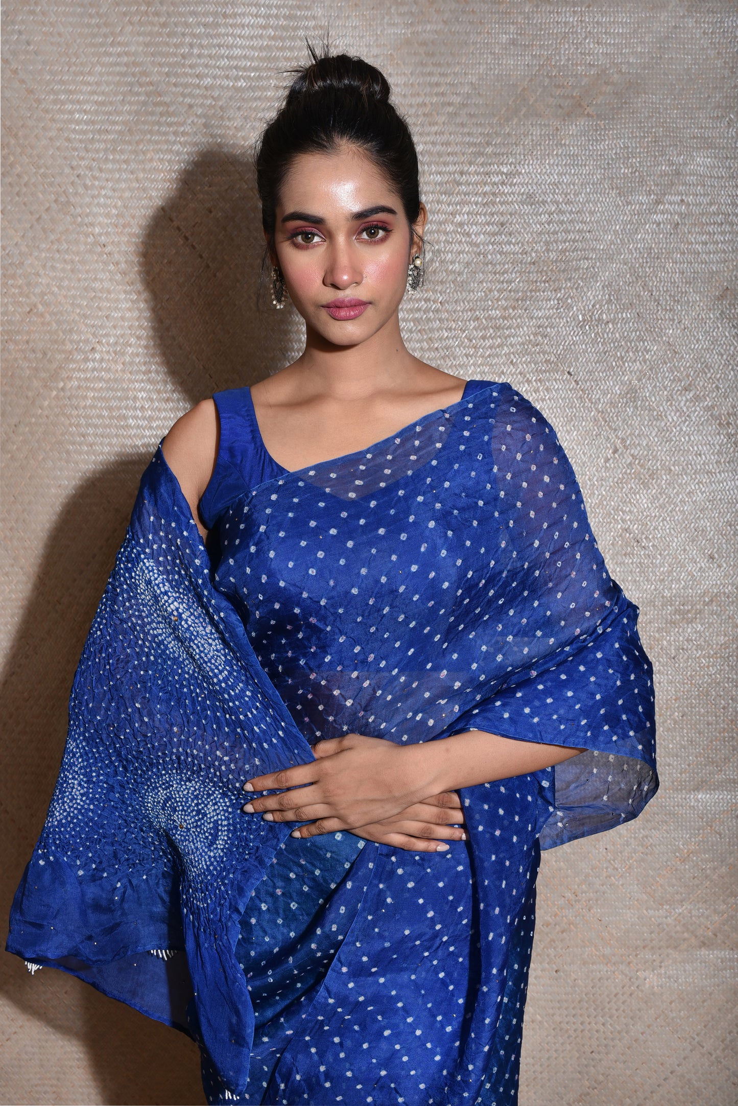 Bandhani on Organza Saree - Blue + Green
