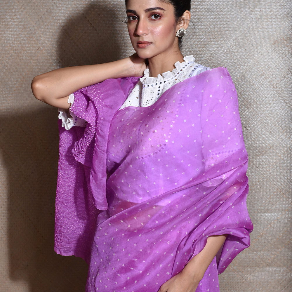 Bandhani on Organza Saree - Lavender