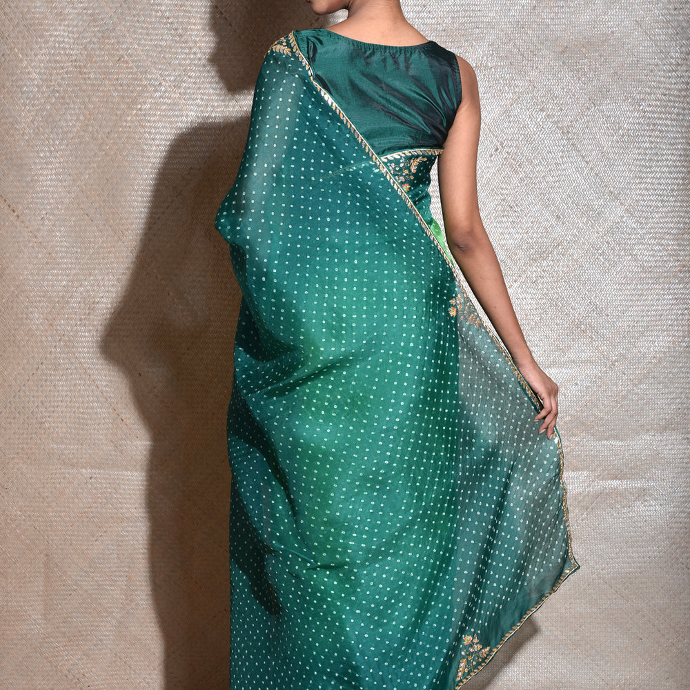 
                      
                        Bandhani on Organza Saree with Gota Patti - Green Shaded
                      
                    