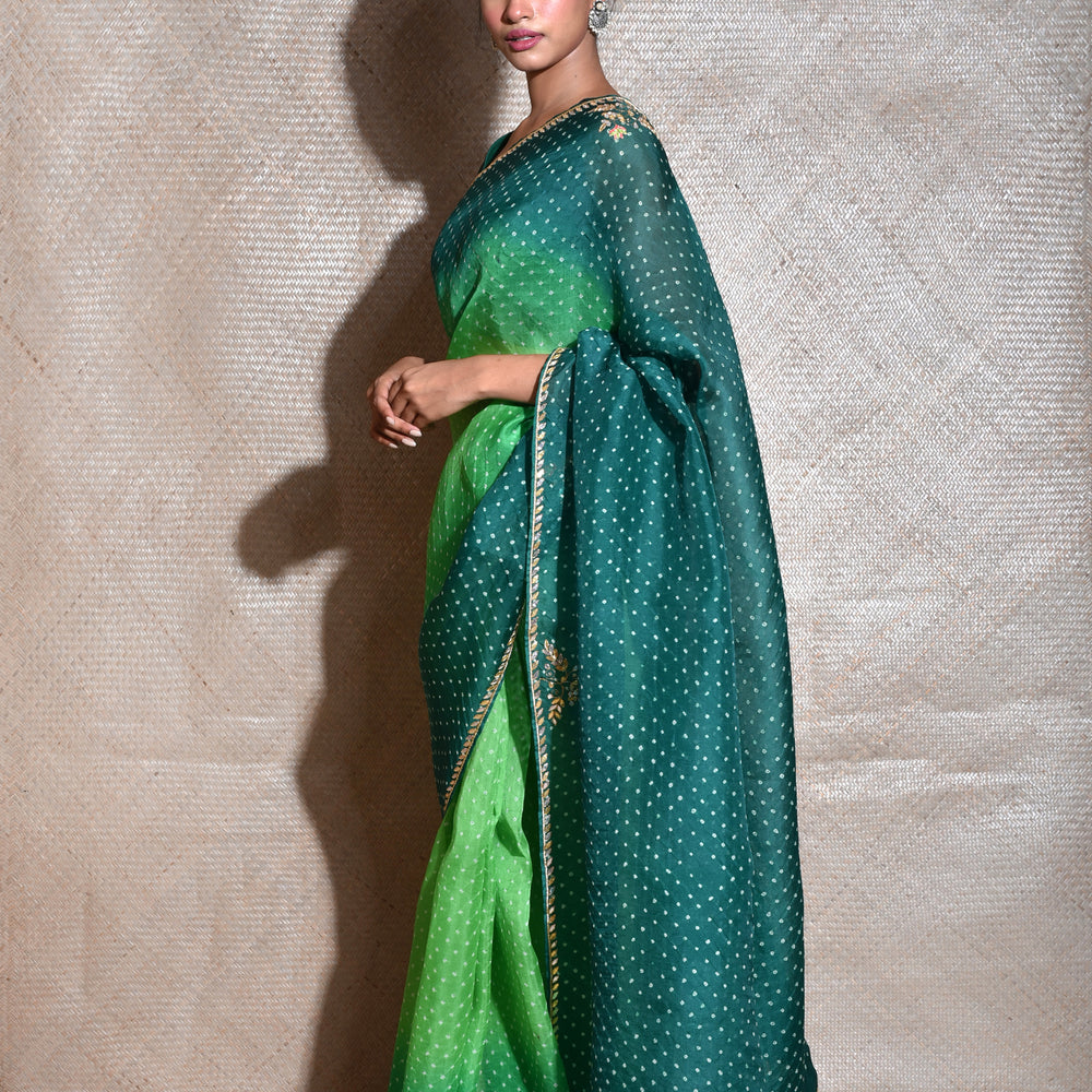 
                      
                        Bandhani on Organza Saree with Gota Patti - Green Shaded
                      
                    